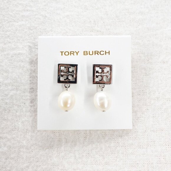 Tory Burch Square Logo Pearl Drop Earrings Silver OS - Picture 8 of 12
